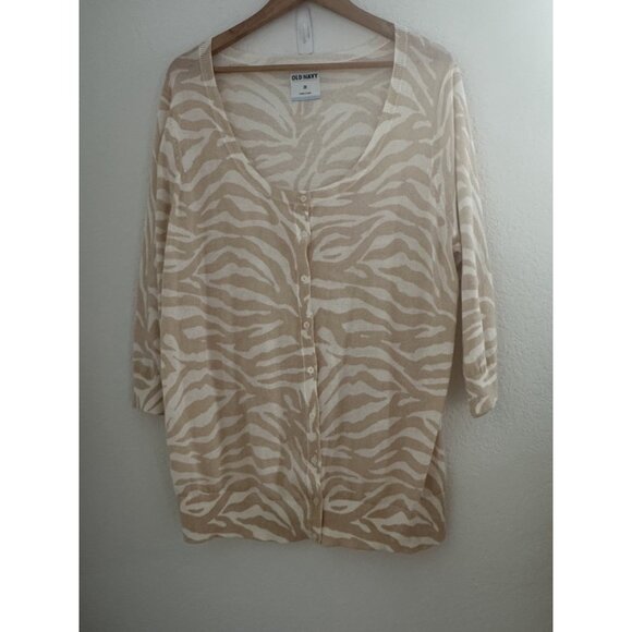 Old Navy Cardigan Sweater Womens 2X Beige White Zebra Print ButtonUp Cotton READ - Picture 1 of 12